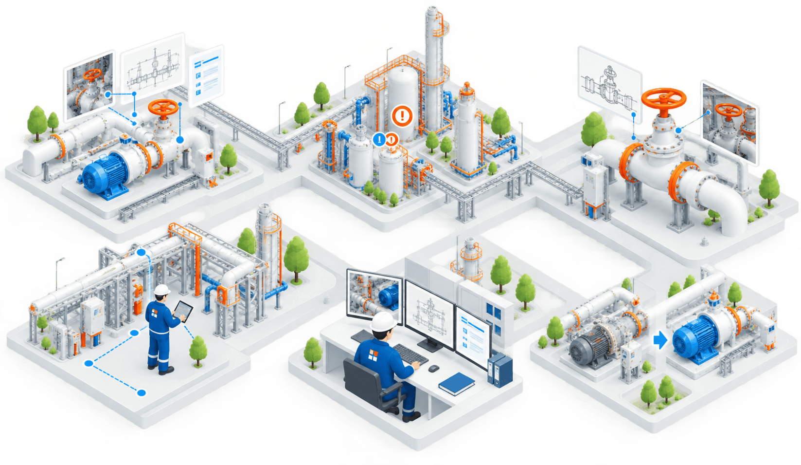 Isometric drawing of a plant: pipes, tanks, a pump station, a field engineer with a tablet and a control room, all shown as one connected picture